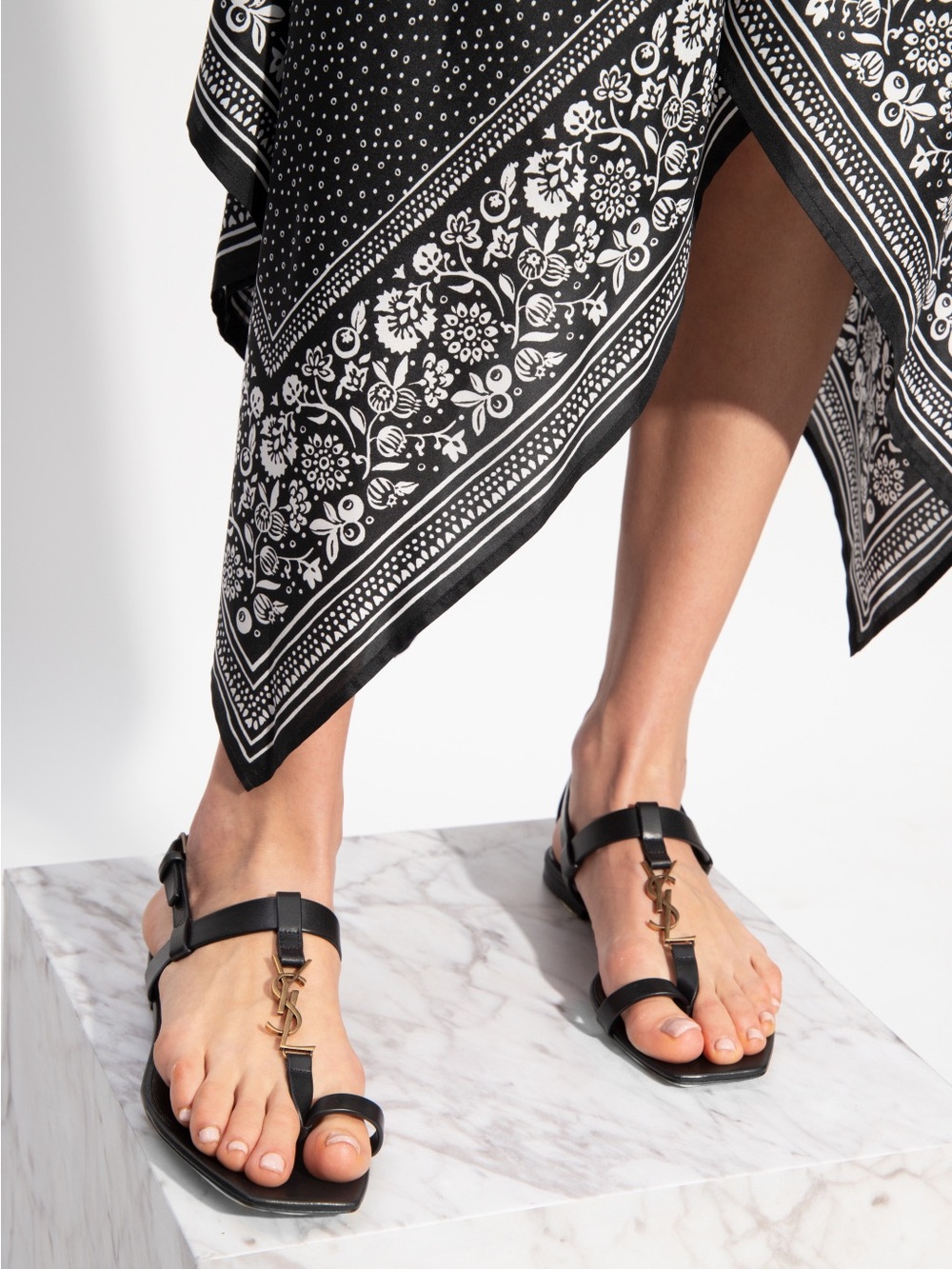 Black Cassandra YSL T-Strap Sandals with Gold Logo Accent